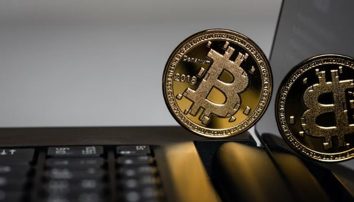 The image shows a Bitcoin on a laptop. — Unsplash