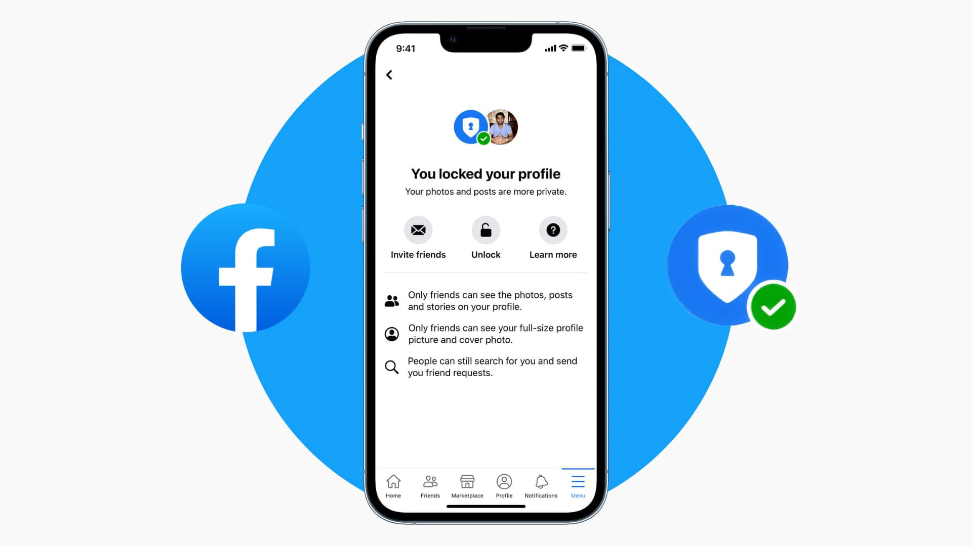 A representational image of Facebooks profile locking screen. —  Canva