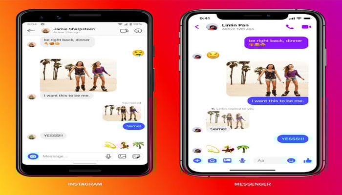 The image shows the chatbox interfaces of messenger and Instagram.— Meta