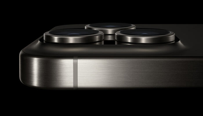The image shows the camera bumps of iPhone 15 Pro Max.—Apple