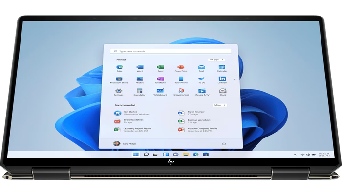 The image shows a foldable, touchscreen HP laptop. —HP