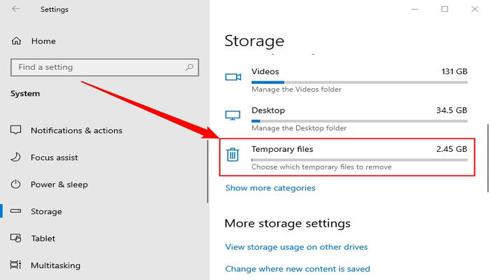 The image displays the storage division on Windows 10.—Howtogeek