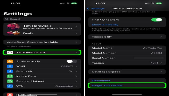 An undated image displaying AirPod settings in an iPhone. — Macrumors