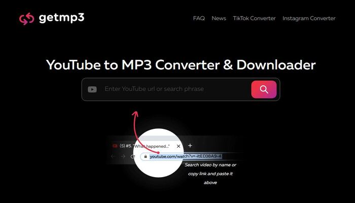 The screengrab shows where the YouTube video URL needs to be pasted. — Getmp3