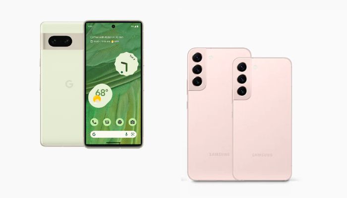 The image shows a lemongrass Google pixel 7 and pink Samsung Galaxy S22. — Google/Samsung