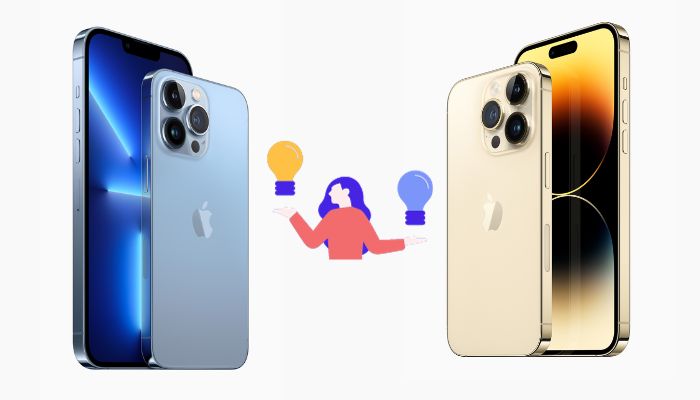 The image shows the iPhone 13 Pro in blue and the iPhone 14 Pro in gold.— Apple