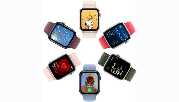 The image shows Apple Watch SE in different colours. — Apple