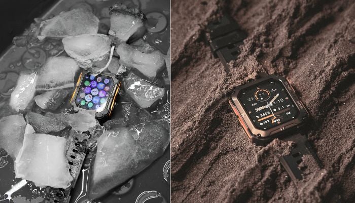 The image shows NJORD Gear Smart watch in ice (left) and mud (right). — NJORD
