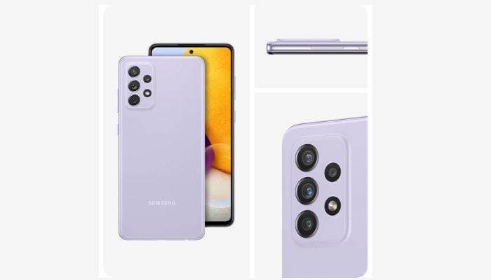 The combo image shows Samsung Galaxy A72 in lavender colour. — Samsung