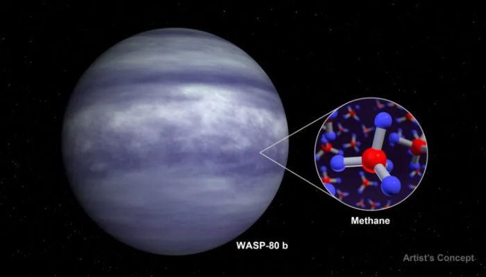 An illustration of the warm exoplanet planet WASP-80 b with methane in its atmosphere. — NASA