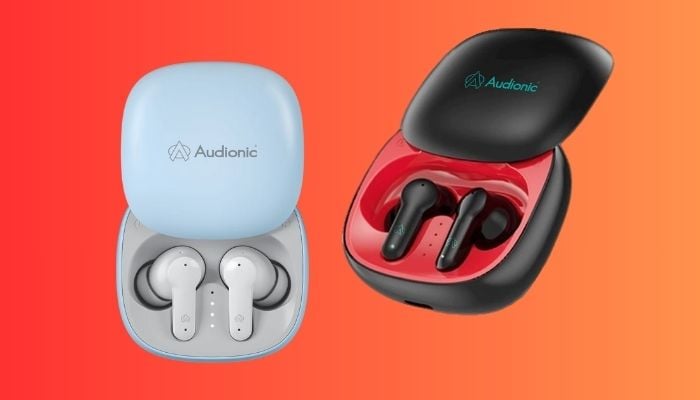 The image shows Audionic Airbud 550 in sky blue (l) and red (r). — Audionic