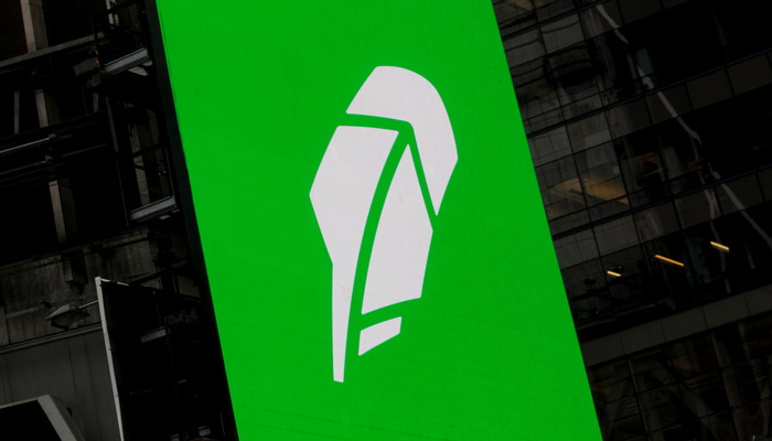 The logo for Robinhood Markets, Inc., is displayed on a screen during the company’s IPO at the Nasdaq Market site in Times Square in New York City, U.S., July 29, 2021. — Reuters