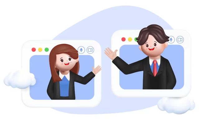 The image shows a Vector 3D cartoon people concept online meeting virtual conference video call. — Freepik