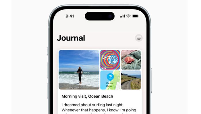 The image shows the Journal app on an iPhone. — Apple