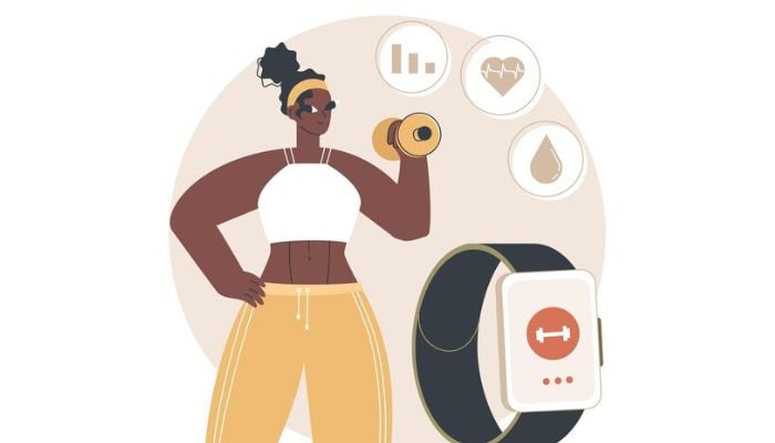 The image shows an animated woman holding a dumbbell. — Freepik