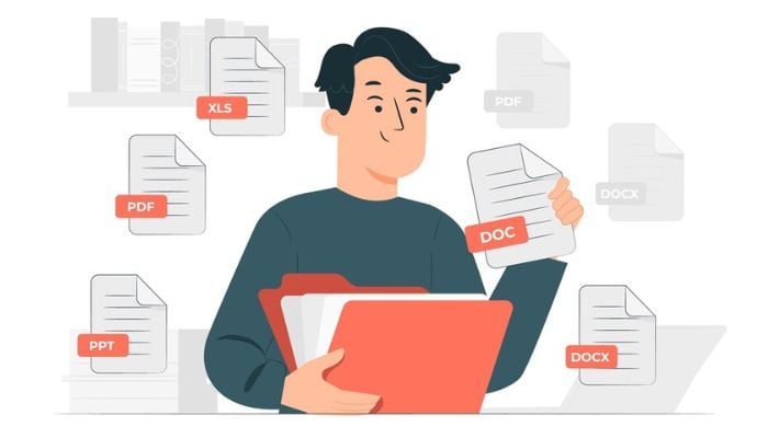 The illustration shows an animated man holding different file formats. — Freepik