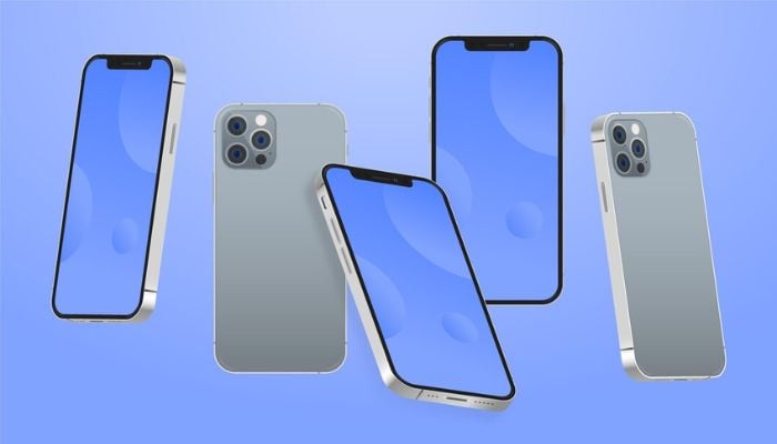 The image shows an illustration of an iPhone 14 in silver. — Freepik