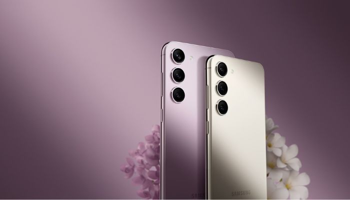 The image shows Samsung Galaxy S23+ in lavender and white. — Samsung