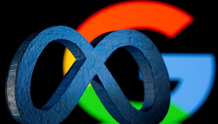 A 3D printed Meta logo is seen in front of displayed Google logo in this illustration taken on November 2, 2021. — Reuters