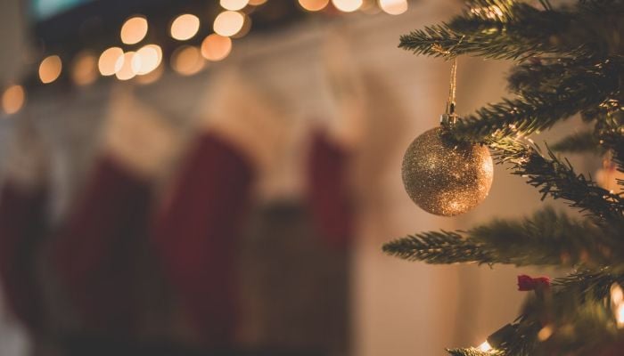 The image shows Christmas bulbs on a Christmas tree. — Unsplash