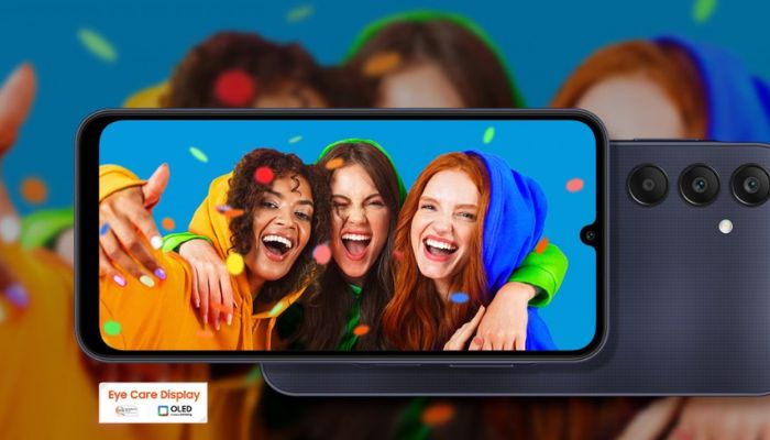 The image shows people in a selfie from a Samsung Galaxy A series phone. — Samsung