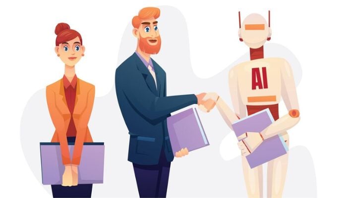 The illustration shows a human male shaking hands with an AI robot, both holding files. — Freepik