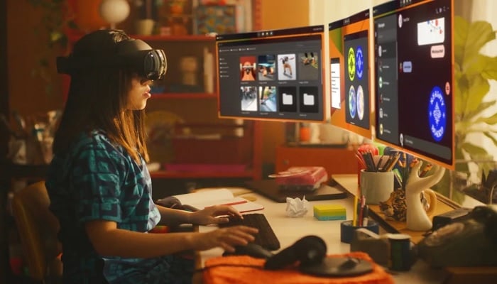 The image shows a child wearing a VR headset. — Meta