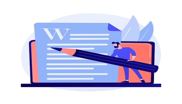 The illustration shows a cartoon man holding a pencil in front of a Word Document logo. — Freepik