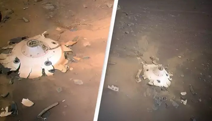 The image shows wreckage on Mars shown by NASAs Mars helicopter Ingenuity. — NASA/JPL