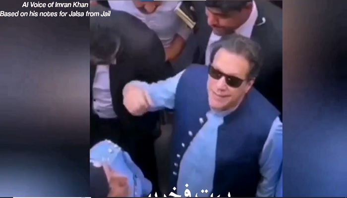 The image is a screenshot from a video that has AI-generated voice of Imran Khan, the former prime minister of Pakistan. — X/@agentjay2009