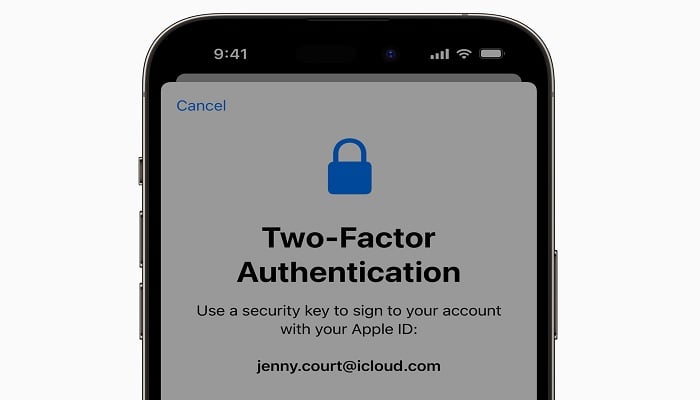 The image shows Two-Factor Authentication on an iPhone. — Apple