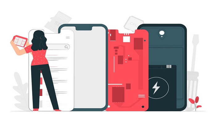 The image is an illustration of a woman freeing up space on iPhone. — Freepik