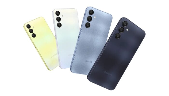 The image displays different colour variants of Samsung Galaxy A25 5G. — Samsung