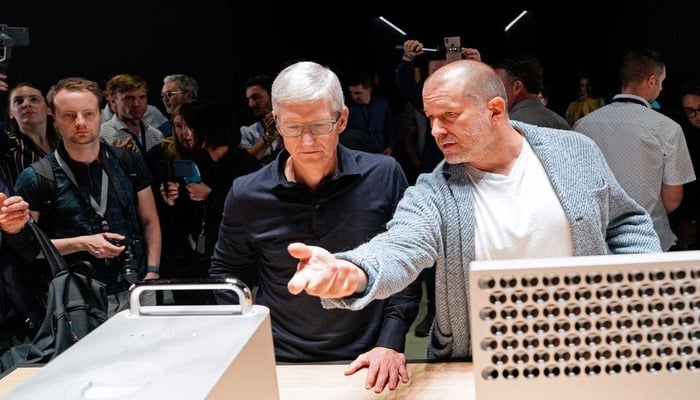 Apple CEO Tim Cook and Chief Design Officer Jonathan Ive (R) look over the new Mac Pro during Apples annual Worldwide Developers Conference in San Jose, California, U.S. June 3, 2019. — Reuters