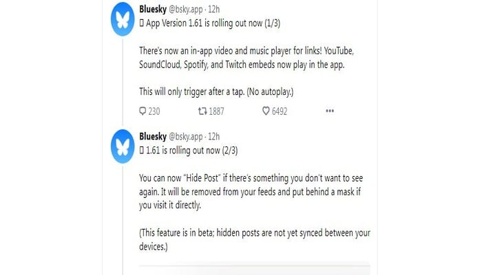 The screengrab shows two posts containing the new features announcement. — Bluesky