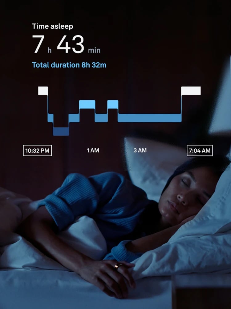 The image shows a person wearing the Oura Ring, tracking their sleep. — Oura