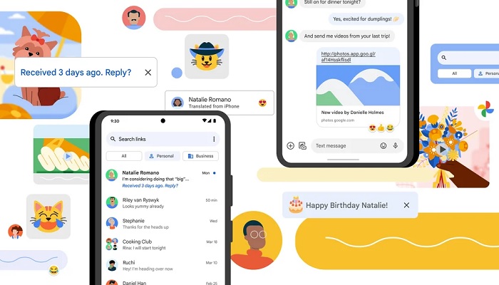 The image shows a funky illustration of Google Messages. — The Keyword