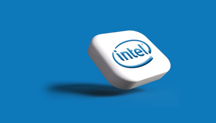 The image displays the Intel logo. — Unsplash