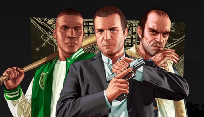 The image is a poster of GTA V. — Rockstar Games