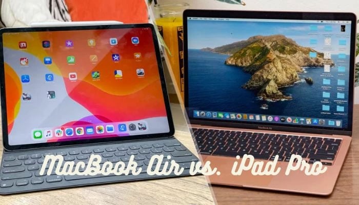 An undated image illustrating MacBook Air vs. iPad Pro. — Future