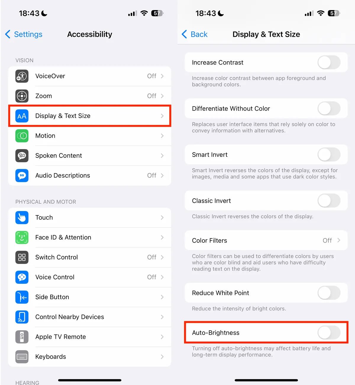 Auto brightness feature in Accessibility. —CNET