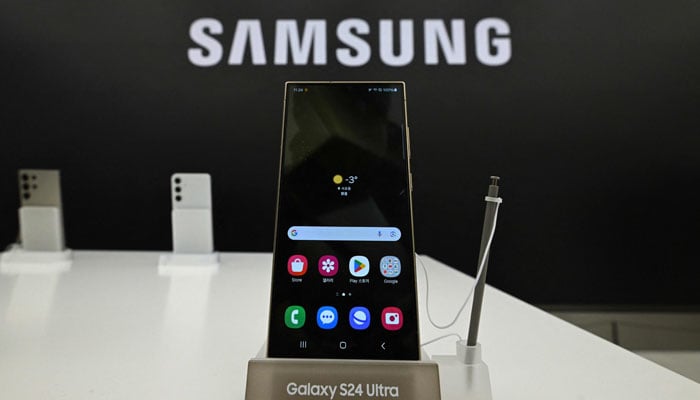 This picture taken on January 15, 2024 shows a Samsung Galaxy S24 Ultra smartphone displayed during a media preview event at a Samsung store in Seoul. — AFP