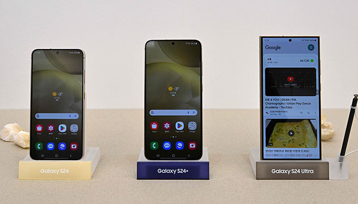 An undated image of the Samsung Galaxy S24 lineup displayed at a showroom. — FP