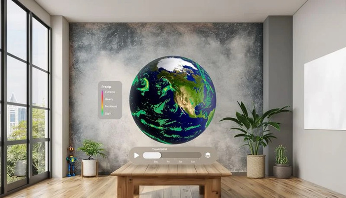 A representational image of CARROT Weathers 3D globe in Vision Pro. — Macrumors