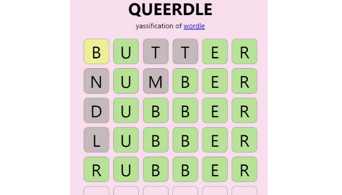 A screenshot of the Queerdle game. — Quordle Wordle