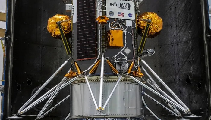 Nova-C lunar lander is encapsulated within the fairing of a SpaceX Falcon 9 rocket in preparation for launch as part of NASA’s CLPS (Commercial Lunar Payload Services) initiative and Artemis campaign. — SpaceX