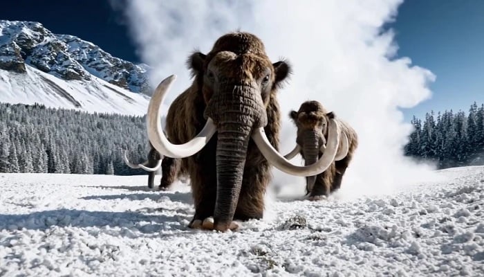 The image is an AI-generated picture from Sora AI of mammoths in the ice age. — OpenAI