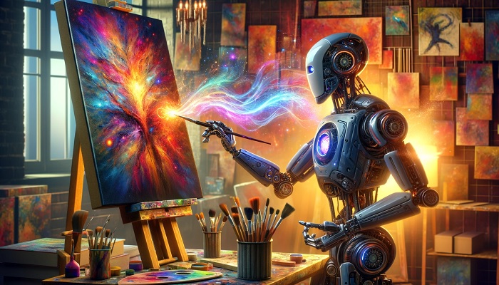 The image is an illustration showing a robot painting on a canvas. —Hotpot