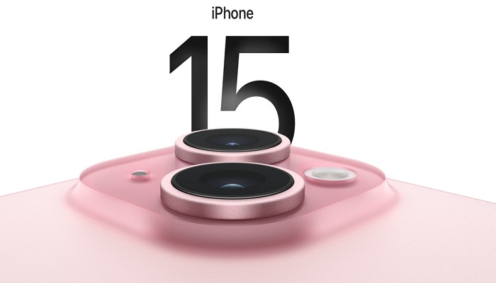 The image shows iPhone 15 in pink. — Apple