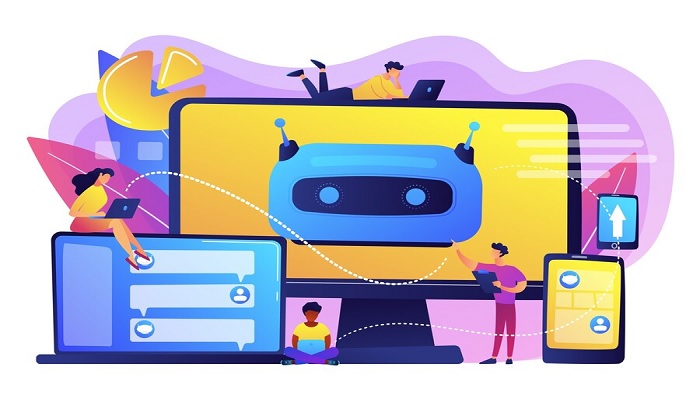 The illustration s an animation showing different developrs working on chatbots. — Freepik